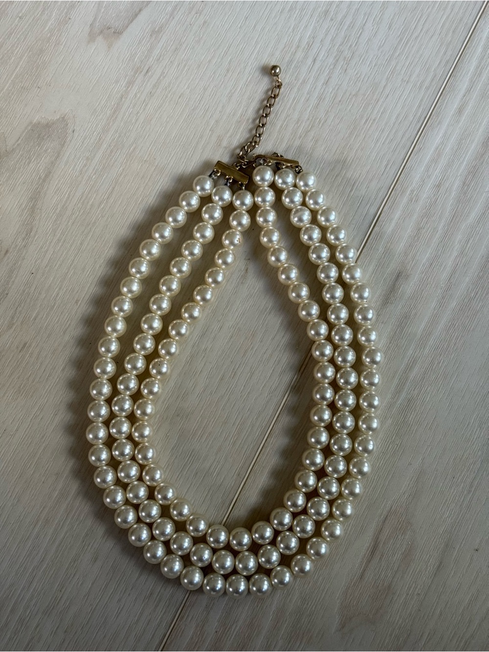 Triple Strand Vintage Faux Pearl Necklace with Gold-Tone Clasp - Cream EUC